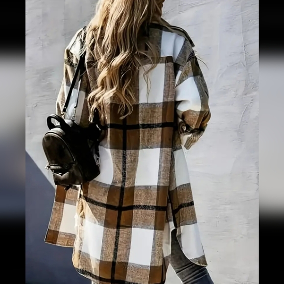 Plaid Print Long Jacket, Casual Button Front Flap Pockets Outwear - Picture 2 of 2